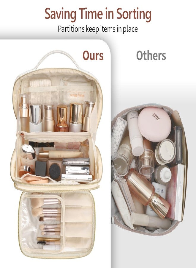 PACKISM Quilted Travel Makeup Bag for Women - PU Leather Open Flat Cosmetic Bags for Women with Dividers, Independent Brush Holder, Waterproof Make Up Organizer for Travel Bathroom, Cream (L) - Image 5