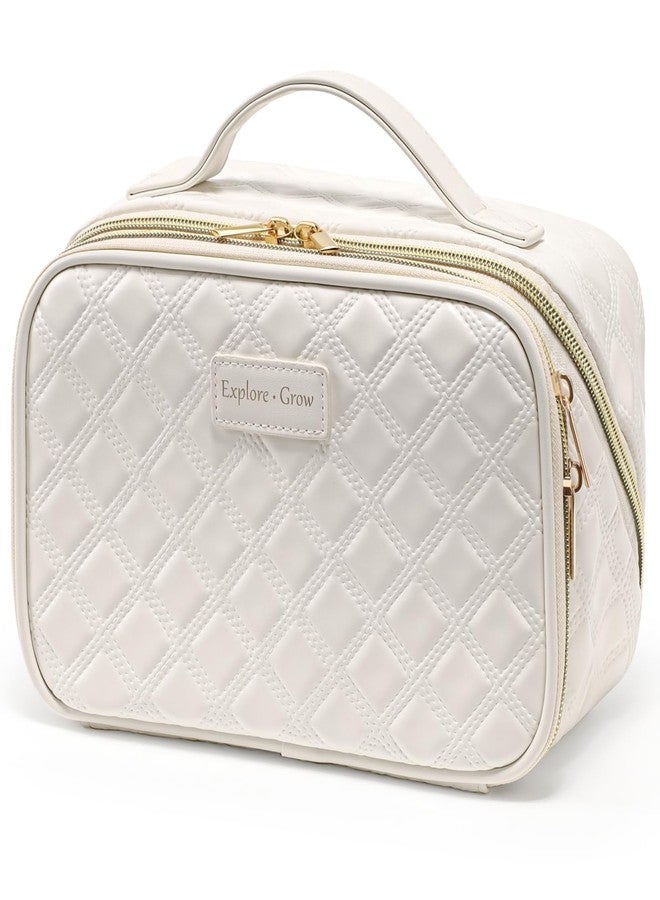 PACKISM Quilted Travel Makeup Bag for Women - PU Leather Open Flat Cosmetic Bags for Women with Dividers, Independent Brush Holder, Waterproof Make Up Organizer for Travel Bathroom, Cream (L) - Image 1