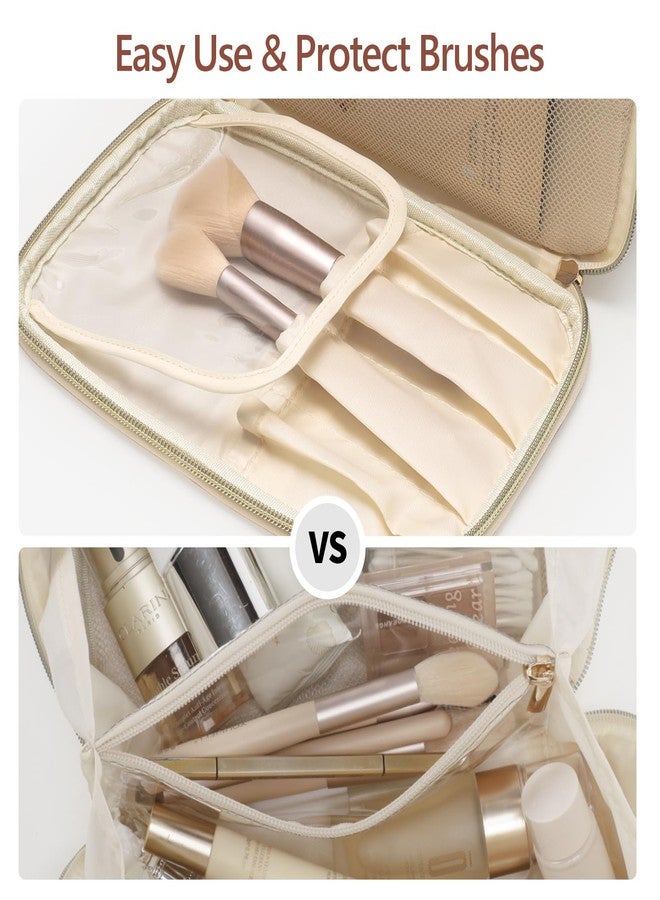 PACKISM Quilted Travel Makeup Bag for Women - PU Leather Open Flat Cosmetic Bags for Women with Dividers, Independent Brush Holder, Waterproof Make Up Organizer for Travel Bathroom, Cream (L) - Image 4