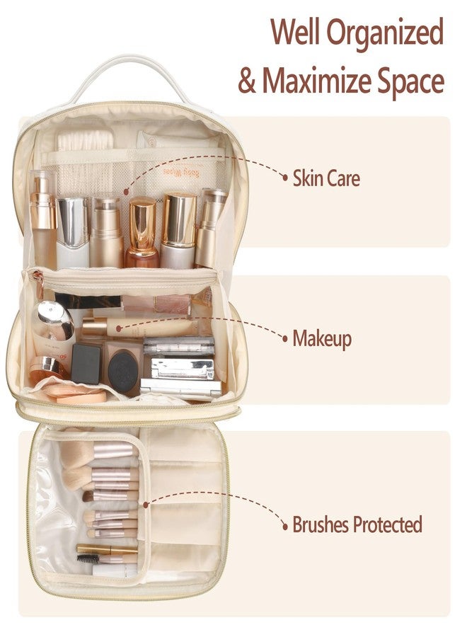 PACKISM Quilted Travel Makeup Bag for Women - PU Leather Open Flat Cosmetic Bags for Women with Dividers, Independent Brush Holder, Waterproof Make Up Organizer for Travel Bathroom, Cream (L) - Image 2