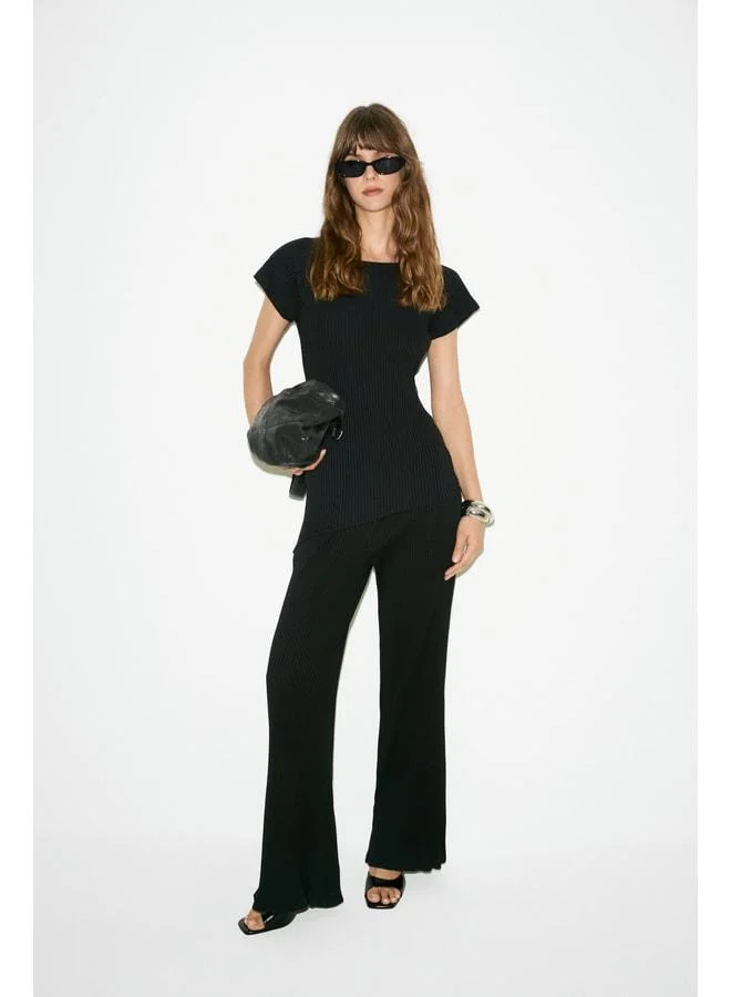 YSELUT Women's Asymmetrical Cut Reglan Sleeve Tunic and Wide-Leg Black Matching Set.