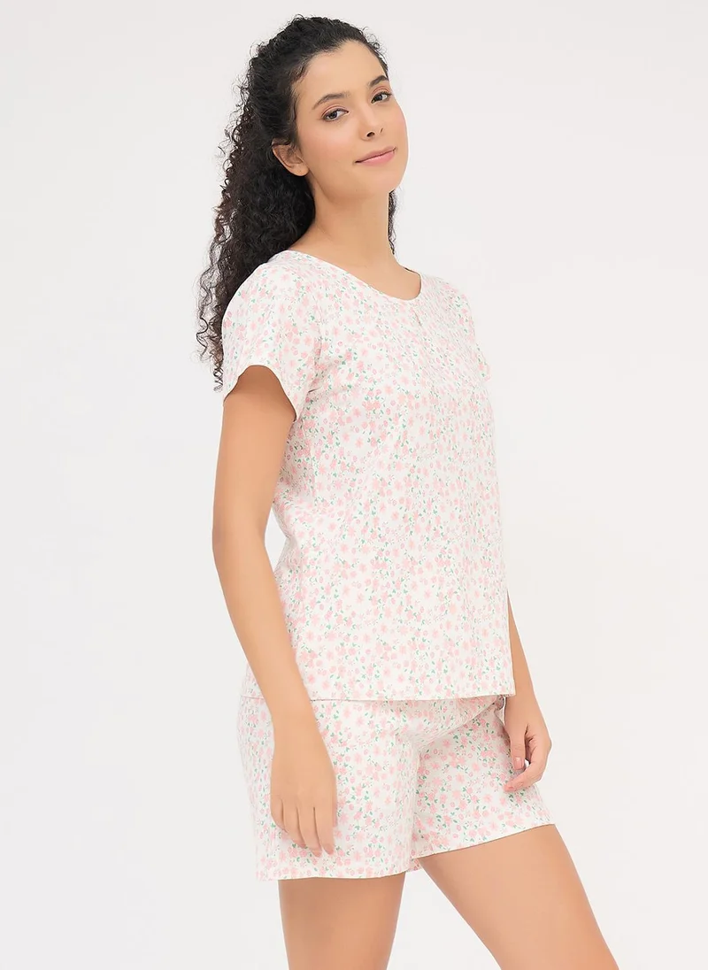 Clovia Clovia Floral-Print Top & Shorts Set in White - 100% Cotton
