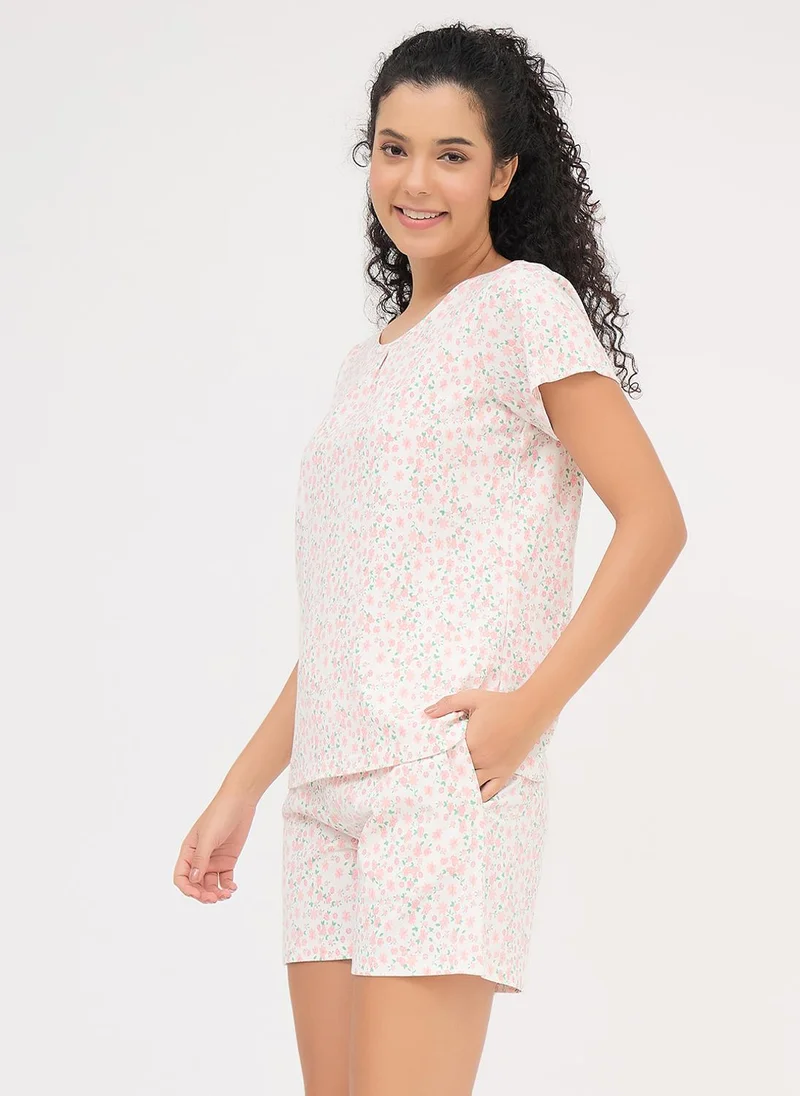 Clovia Clovia Floral-Print Top & Shorts Set in White - 100% Cotton