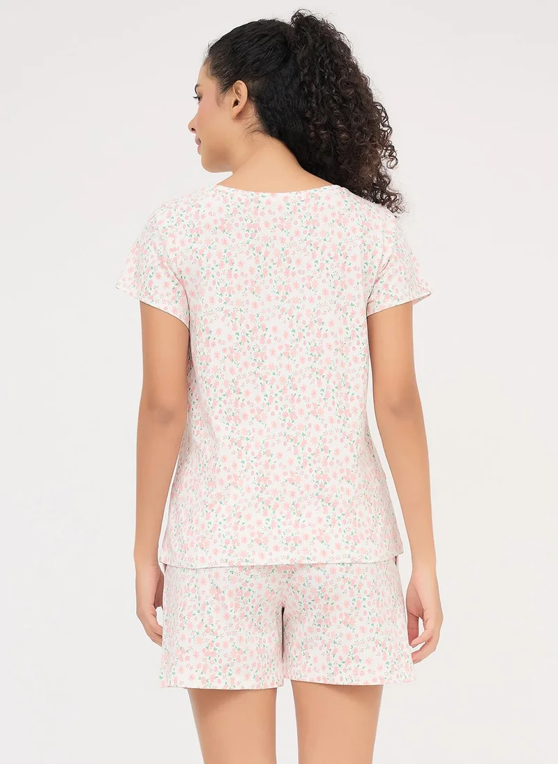 Clovia Clovia Floral-Print Top & Shorts Set in White - 100% Cotton