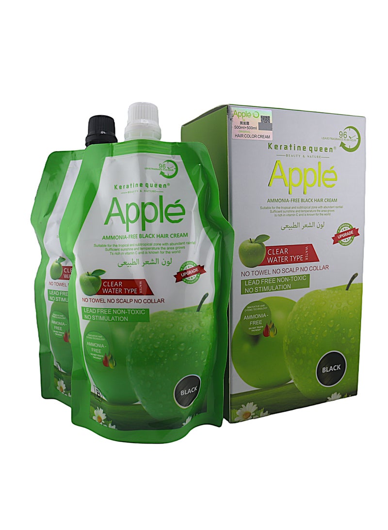 Keratine Queen Apple Ammonia-Free Black Hair Cream 96 (Clear Water Type) 500ml + 500ml A gentle hair color cream that gives natural black results without irritation. Its ammonia-free and non-toxic - Image 1