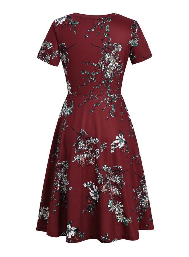 HELYO Women's Elegant Vintage Cotton Casual Floral Print Work Party A-Line Swing Dress with Pockets 162, Burgundy Floral, L - Image 4