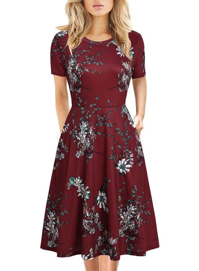 HELYO Women's Elegant Vintage Cotton Casual Floral Print Work Party A-Line Swing Dress with Pockets 162, Burgundy Floral, L - Image 1