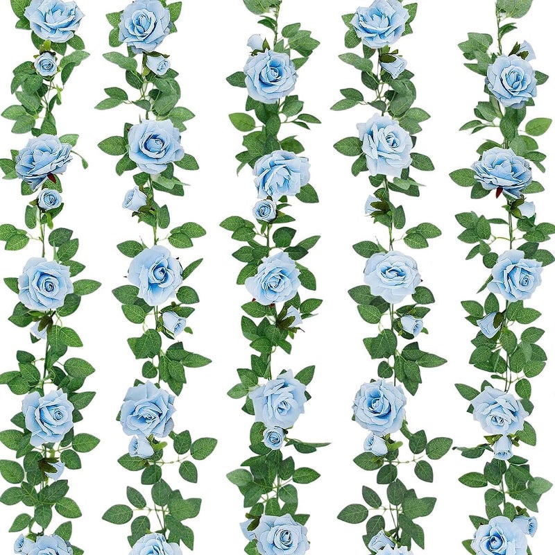 ZIFTY 5Pcs 32.5FT Blue Flower Garland Fake Flower Vines Faux Artificial Floral Garland Hanging Rose Ivy for Wedding Decortions Arch Garden Ceremony Background Outdoor Wall Decor - Image 1