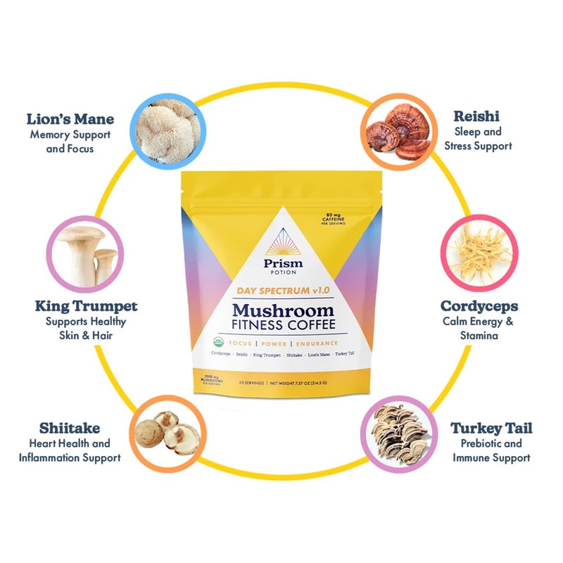 Organic Prism Potion Day Spectrum v1.0 Mushroom Fitness Coffee | Focus, Power, Endurance, Recovery | Cordyceps, Reishi, King Trumpet, Shiitake, Lion’s Mane, Turkey Tail, & Arabica Coffee | 30 Servings - Image 4