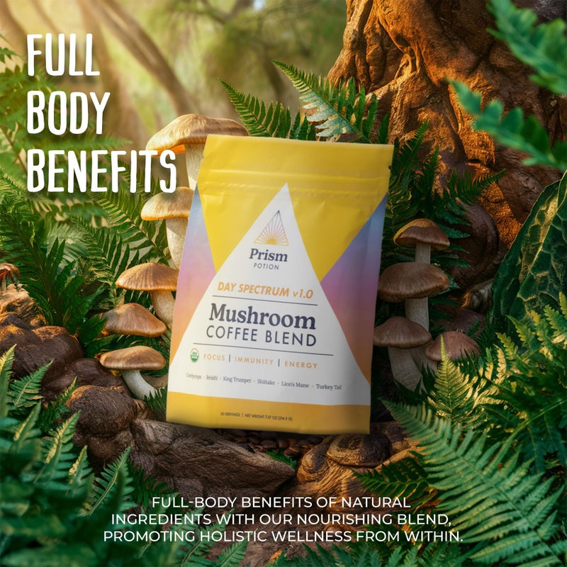 Organic Prism Potion Day Spectrum v1.0 Mushroom Fitness Coffee | Focus, Power, Endurance, Recovery | Cordyceps, Reishi, King Trumpet, Shiitake, Lion’s Mane, Turkey Tail, & Arabica Coffee | 30 Servings - Image 5