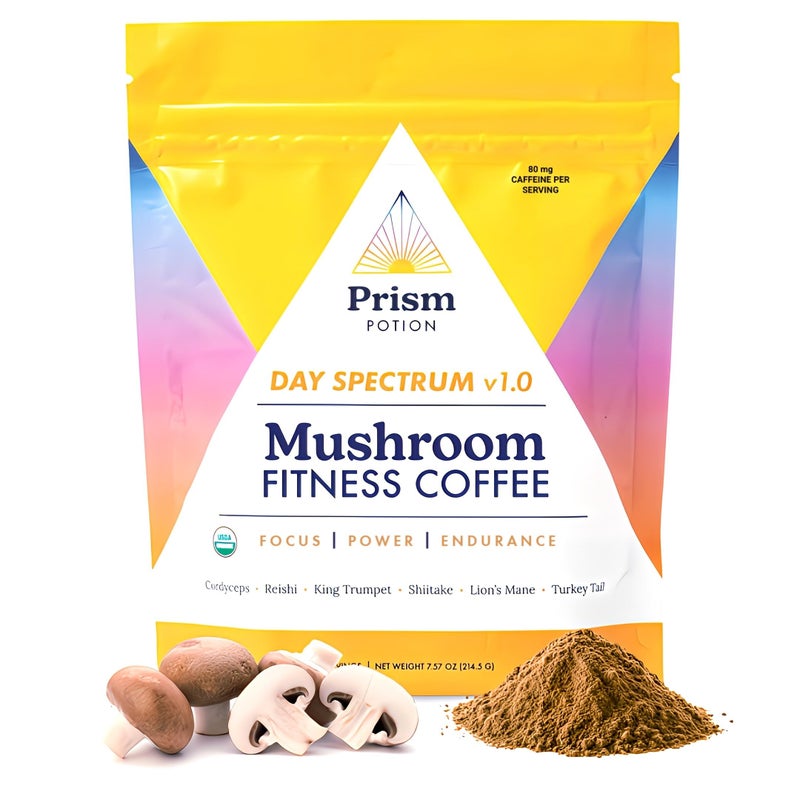 Organic Prism Potion Day Spectrum v1.0 Mushroom Fitness Coffee | Focus, Power, Endurance, Recovery | Cordyceps, Reishi, King Trumpet, Shiitake, Lion’s Mane, Turkey Tail, & Arabica Coffee | 30 Servings - Image 1