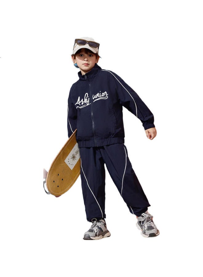 Ask Junior Sporty Boys' Spring Color Block Casual Jacket And Jogger Pants Set Children'S Outfit Navy Blue 130 - Image 1