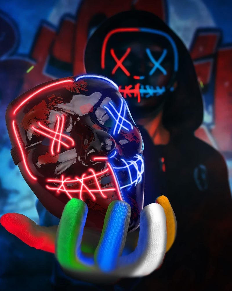 Colplay Halloween Mask LED Mask & Gloves in Multiple Light Modes, Purge Mask Purge Costume, Light up Scary Mask Gloves, Halloween Costumes for Men Adults Kids Boys, Anonymous Neon Mask Halloween Gifts  - Image 2