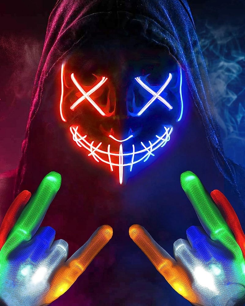 Colplay Halloween Mask LED Mask & Gloves in Multiple Light Modes, Purge Mask Purge Costume, Light up Scary Mask Gloves, Halloween Costumes for Men Adults Kids Boys, Anonymous Neon Mask Halloween Gifts  - Image 1