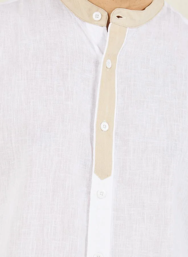 ستايلي Premium Cotton Slub Contrast Mandarin Collar Regular Fit Shirt