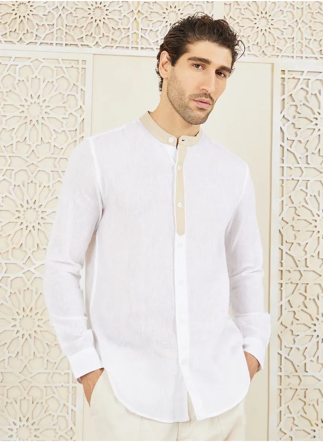 ستايلي Premium Cotton Slub Contrast Mandarin Collar Regular Fit Shirt