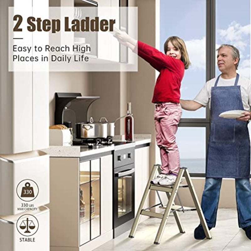 2 Step Ladder for Home and Kitchen Use: Aluminum Folding Step Stool with Anti-Slip Wide Pedal, Lightweight Portable Space-Saving Design - Image 3