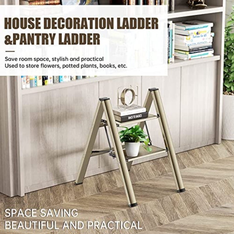 2 Step Ladder for Home and Kitchen Use: Aluminum Folding Step Stool with Anti-Slip Wide Pedal, Lightweight Portable Space-Saving Design - Image 4