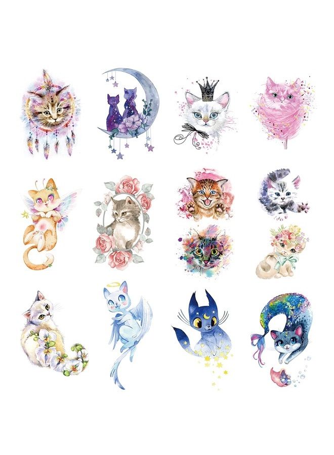 Father.son 12 Sheets Watercolor Cat Temporary Tattoos for Girls Kids, Cute Kitty Waterproof Fake Tattoos Body Art Sticker, Animal Birthday Supplies, Pet Lover Party Favors, Meow Arts and Crafts - Image 1