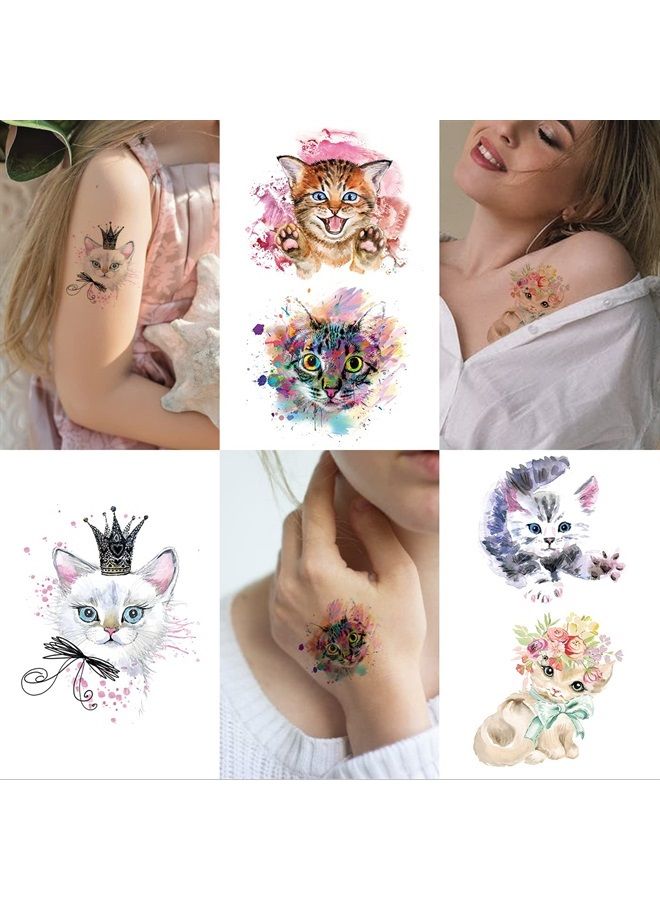 Father.son 12 Sheets Watercolor Cat Temporary Tattoos for Girls Kids, Cute Kitty Waterproof Fake Tattoos Body Art Sticker, Animal Birthday Supplies, Pet Lover Party Favors, Meow Arts and Crafts - Image 2