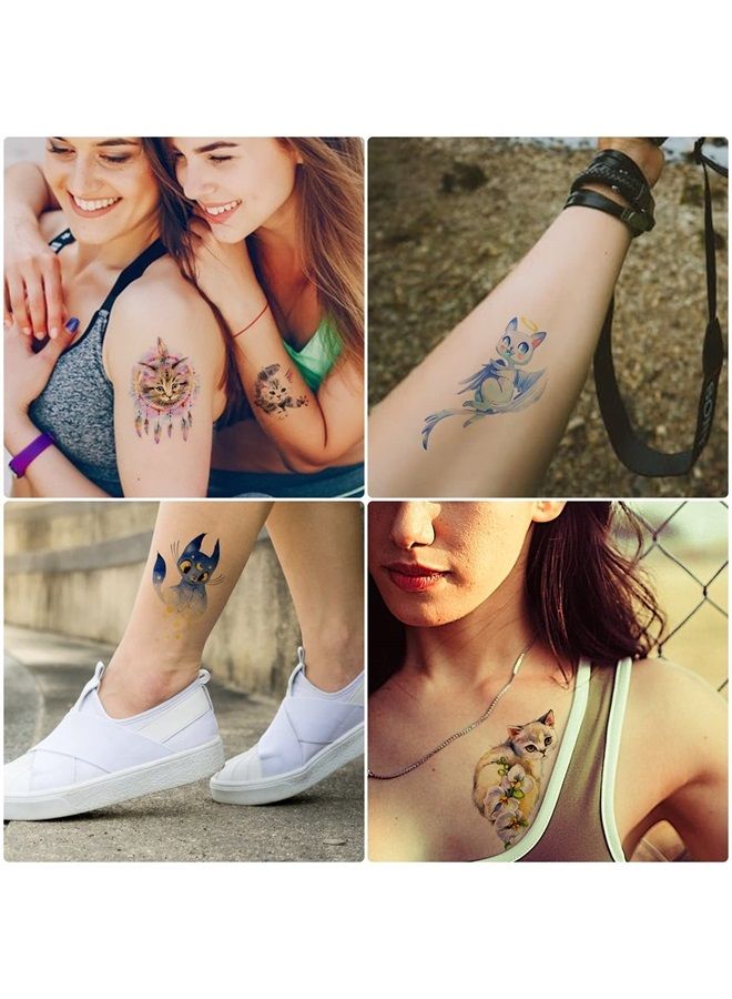 Father.son 12 Sheets Watercolor Cat Temporary Tattoos for Girls Kids, Cute Kitty Waterproof Fake Tattoos Body Art Sticker, Animal Birthday Supplies, Pet Lover Party Favors, Meow Arts and Crafts - Image 3