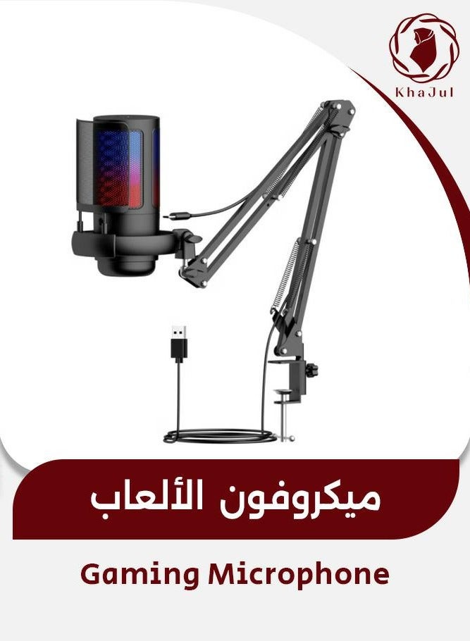 KHAJUL USB Condenser Microphone with Boom Arm, RGB Lighting, Touch Mute & Gain Knob for PC, PS4/PS5, Mac & Phone Streaming/Podcasting (Black/High Quality) - Image 1