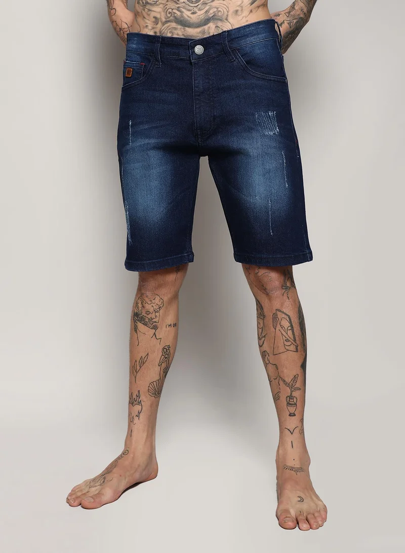 Campus Sutra Men's Black Distressed Rolled Hem Denim Shorts For Casual Wear | Dark-Wash | Regular Fit | Button Closure | Cotton Denim Shorts Crafted With Comfort Fit For Everyday Wear