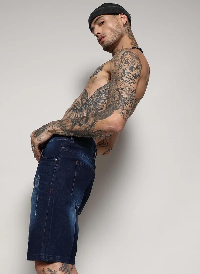 Campus Sutra Men's Black Distressed Rolled Hem Denim Shorts For Casual Wear | Dark-Wash | Regular Fit | Button Closure | Cotton Denim Shorts Crafted With Comfort Fit For Everyday Wear