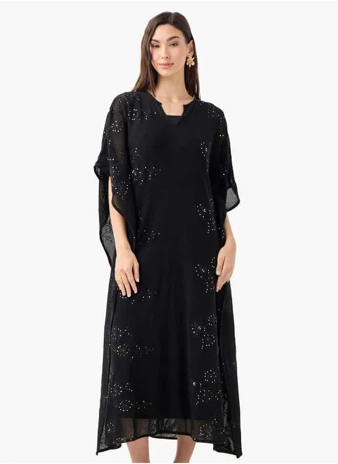 Iconic Iconic Sequin Embellished Kaftan Dress with Short Sleeves