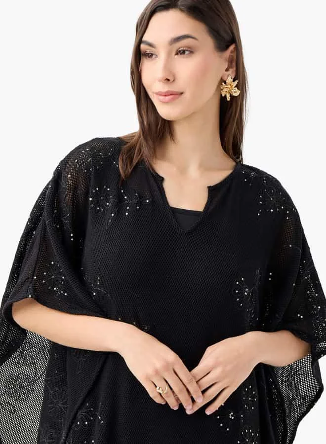 Iconic Iconic Sequin Embellished Kaftan Dress with Short Sleeves