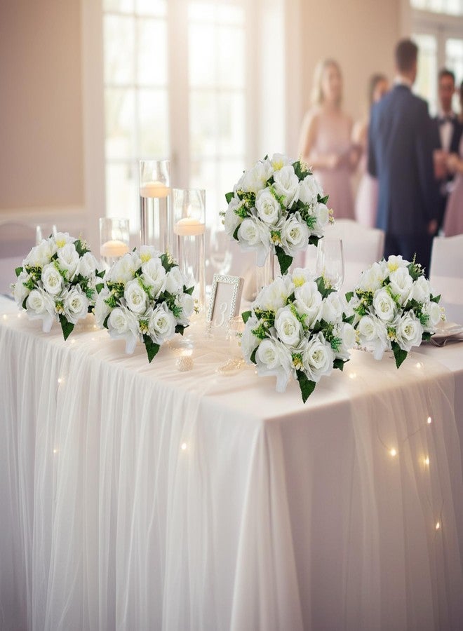 LoveCat Artificial Flower Centerpieces for Tables: 2pcs of Rose Flower Balls, Flower Kissing Balls, Fake 15-Head Plastic Flower Roses with Base for Birthday Party Christmas Home Wedding Decor (White) - Image 2