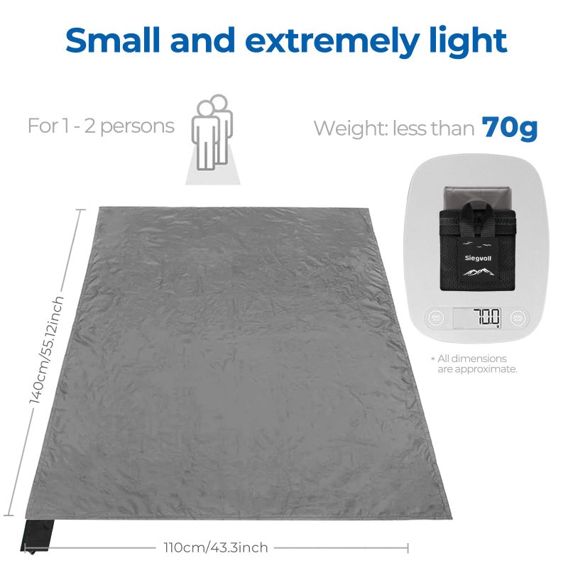 Siegvoll Pocket Picnic Blanket for 1-2 Persons, 43x55 in - Sandproof & Waterproof, Ultra-Light 2.5oz Travel Mat for Outdoor Beach Hiking Camping (Gray) - Image 2