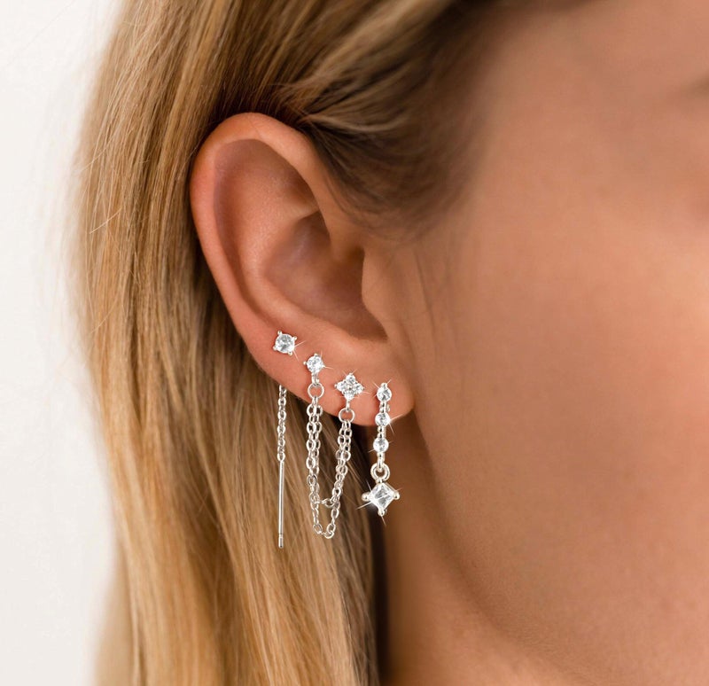 Moodear Dangle Earrings for Women Trendy 14K Silver Plated Long Hanging Chain Earrings Dangle Earrings Cubic Zirconia Earring Stacks Set Hypoallergenic Stud Dangling Earrings for Women Jewelry - Image 3
