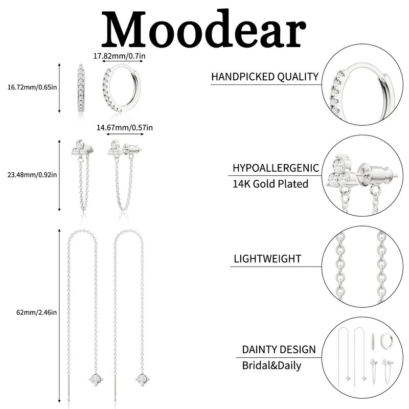 Moodear Dangle Earrings for Women Trendy 14K Silver Plated Long Hanging Chain Earrings Dangle Earrings Cubic Zirconia Earring Stacks Set Hypoallergenic Stud Dangling Earrings for Women Jewelry - Image 5