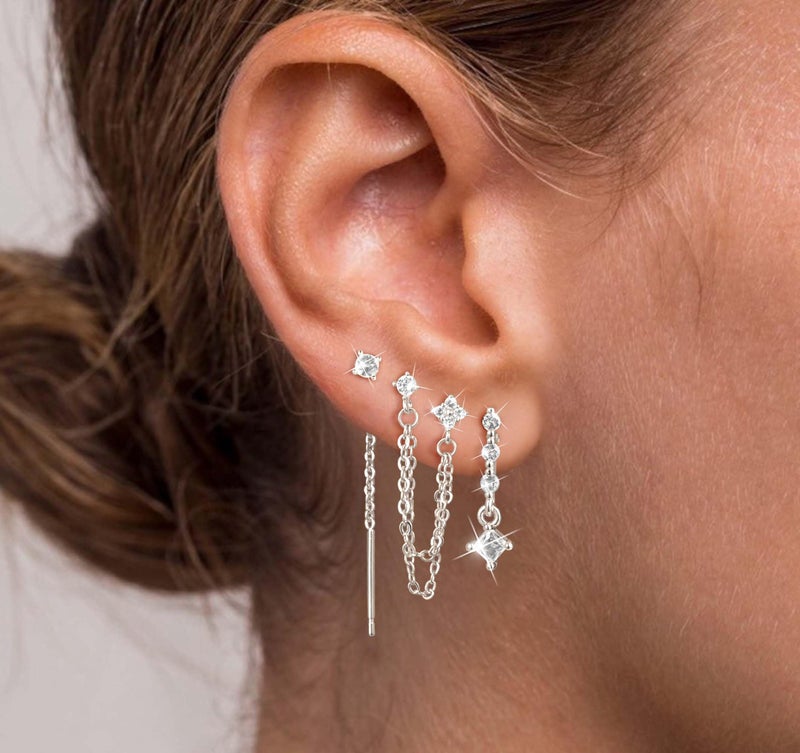 Moodear Dangle Earrings for Women Trendy 14K Silver Plated Long Hanging Chain Earrings Dangle Earrings Cubic Zirconia Earring Stacks Set Hypoallergenic Stud Dangling Earrings for Women Jewelry - Image 2