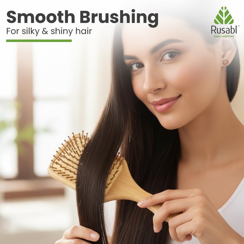 Rusabl Bamboo Hair Brush with Wooden Bristles for Gentle Detangling, Scalp Massage, Smooth Styling, 100% Natural, Anti-Static Paddle Brush for All Hair Types, Organic Hair Growth Brush, Rectangular - Image 4