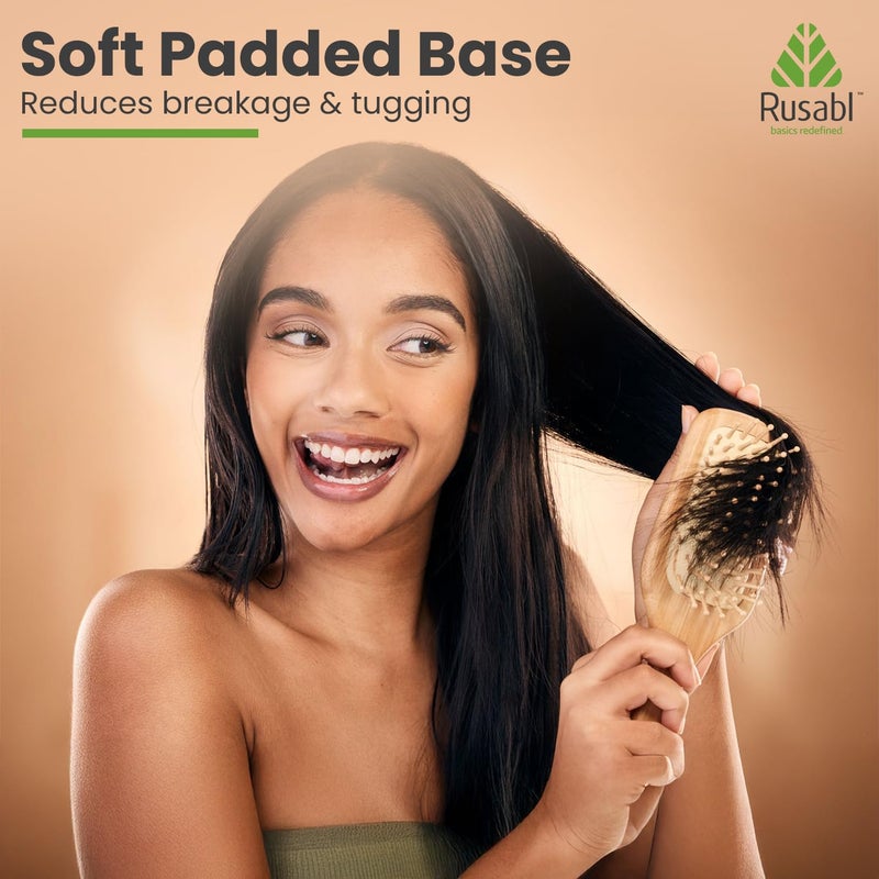 Rusabl Bamboo Hair Brush with Wooden Bristles for Gentle Detangling, Scalp Massage, Smooth Styling, 100% Natural, Anti-Static Paddle Brush for All Hair Types, Organic Hair Growth Brush, Rectangular - Image 5