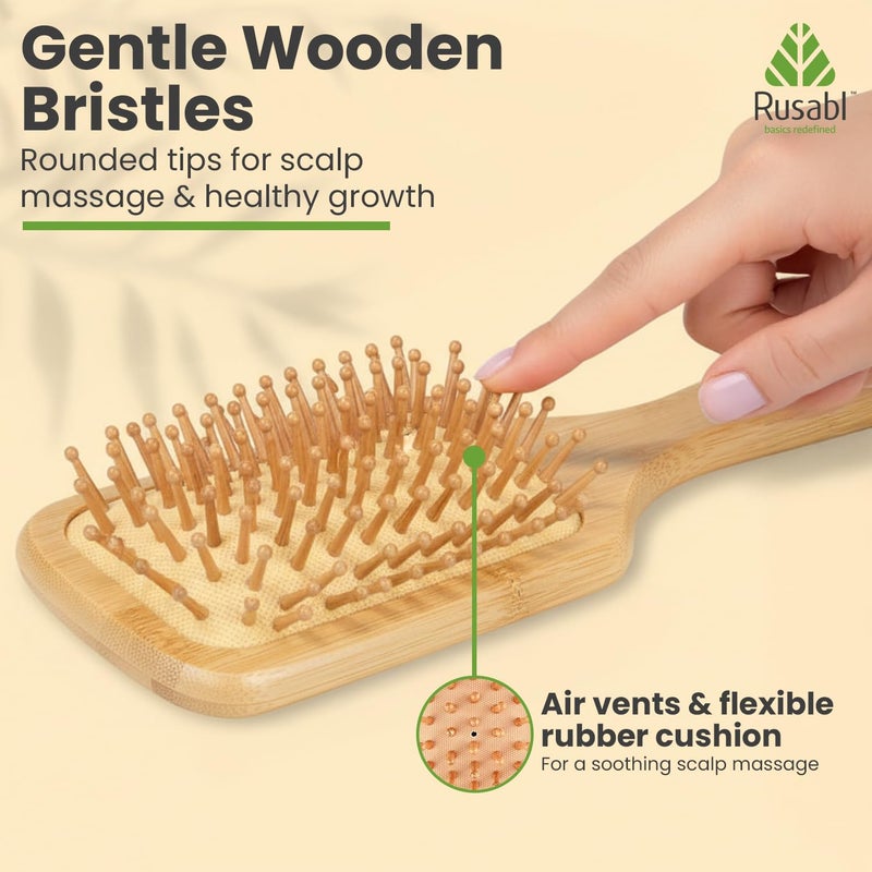 Rusabl Bamboo Hair Brush with Wooden Bristles for Gentle Detangling, Scalp Massage, Smooth Styling, 100% Natural, Anti-Static Paddle Brush for All Hair Types, Organic Hair Growth Brush, Rectangular - Image 3