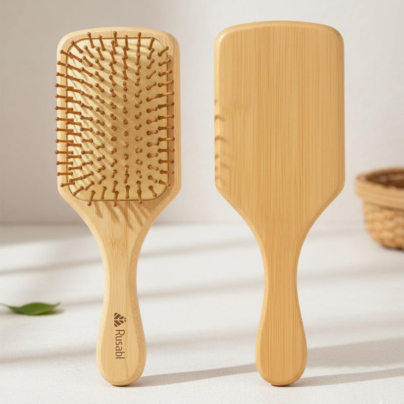 Rusabl Bamboo Hair Brush with Wooden Bristles for Gentle Detangling, Scalp Massage, Smooth Styling, 100% Natural, Anti-Static Paddle Brush for All Hair Types, Organic Hair Growth Brush, Rectangular - Image 1