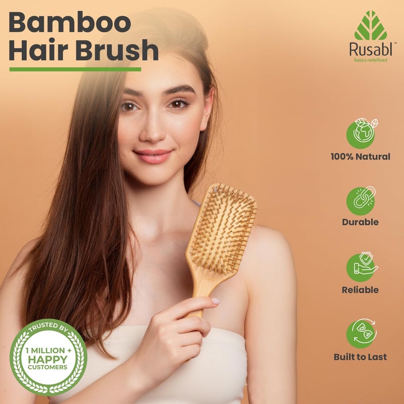 Rusabl Bamboo Hair Brush with Wooden Bristles for Gentle Detangling, Scalp Massage, Smooth Styling, 100% Natural, Anti-Static Paddle Brush for All Hair Types, Organic Hair Growth Brush, Rectangular - Image 2