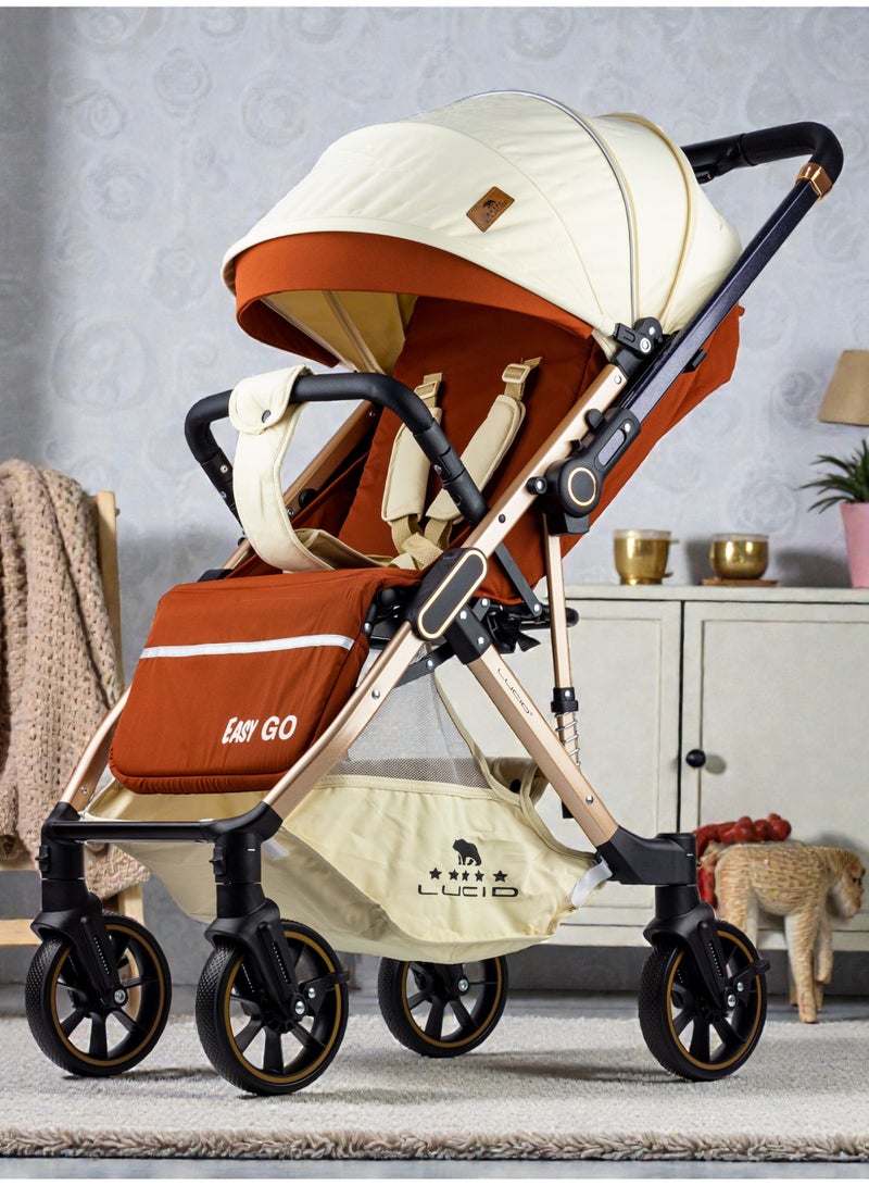 LUCID Luxurious baby stroller with handle and four 360-degree rotating wheels from Lucid, brown, model - Easy Go