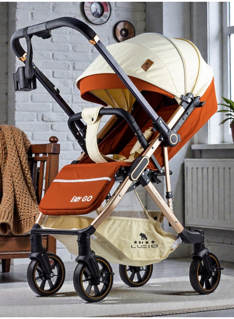 LUCID Luxurious baby stroller with handle and four 360-degree rotating wheels from Lucid, brown, model - Easy Go - Image 3
