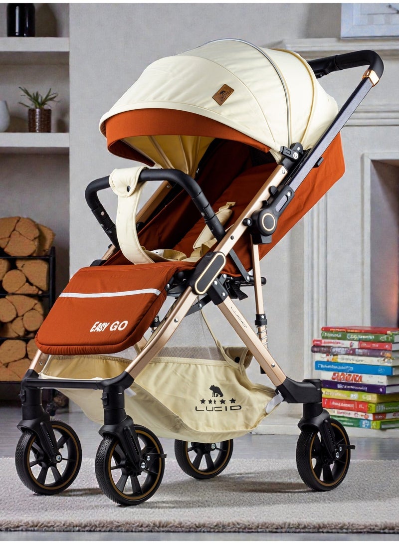 LUCID Luxurious baby stroller with handle and four 360-degree rotating wheels from Lucid, brown, model - Easy Go - Image 2