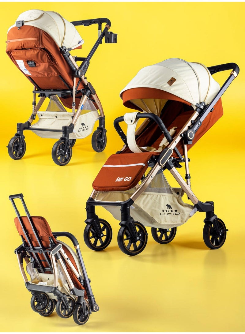 LUCID Luxurious baby stroller with handle and four 360-degree rotating wheels from Lucid, brown, model - Easy Go - Image 1