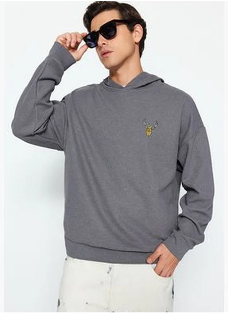 trendyol Gray Men's Oversize Hoodie with Animal Embroidery Textured Sweatshirt.