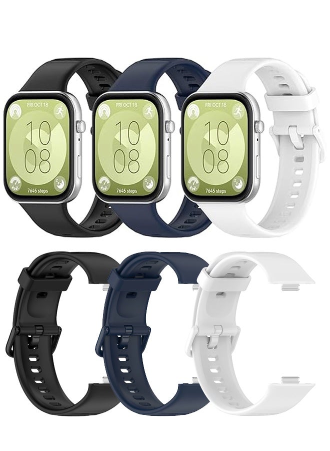 3PCS Watch Strap Compatible with Huawei Watch Fit 3/Fit 4/Fit 4 Pro, Silicone Watchband Replacement Bracelet Black, White and Blue - Image 1