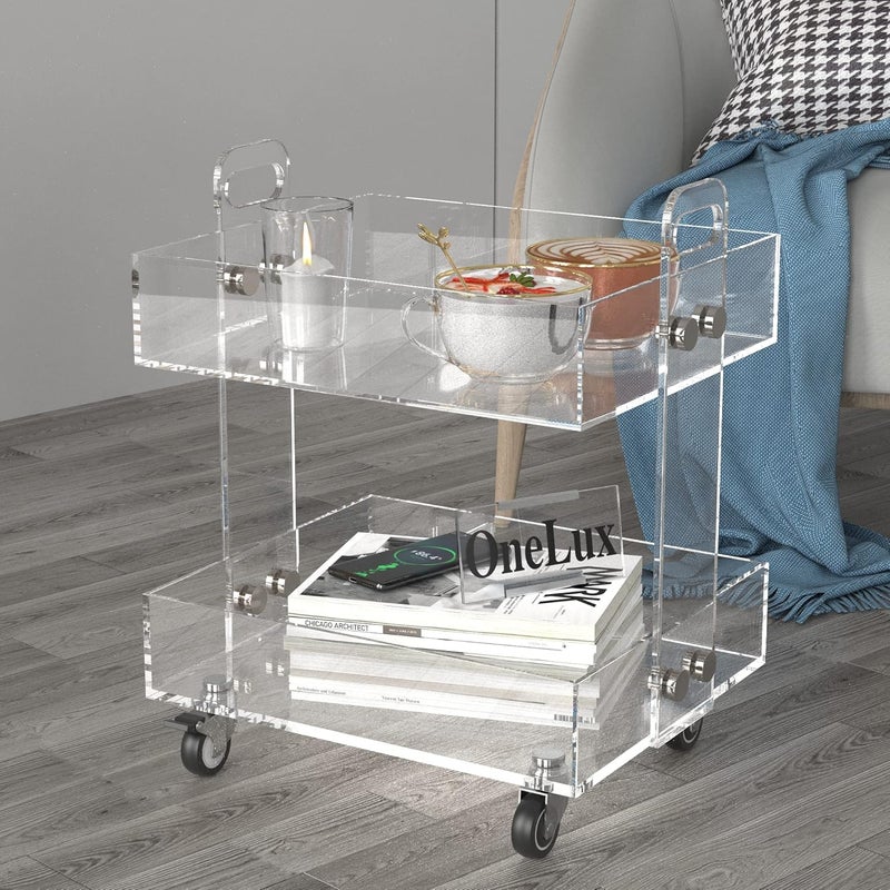ONELUX (Flat Packed) Original Acrylic Side Table,Clear Table with Wheels,Rolling Storage cart,Acrylic Bedside Tables/Night Stand - 41×34×48H cm - Image 1