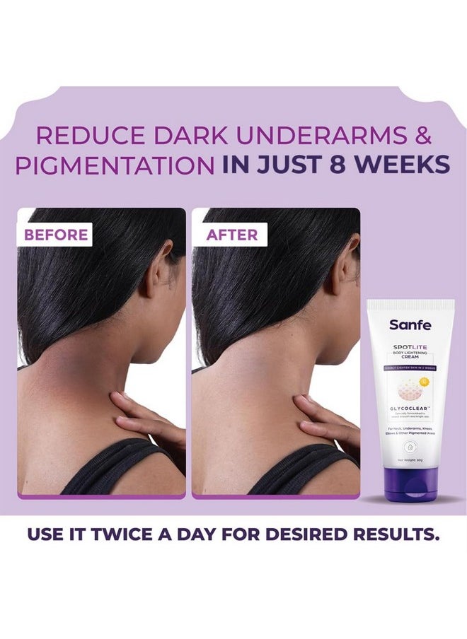 Sanfe Spotlite Body Cream For Dark Neck, Joints And Skinfolds | Enriched With 3% Glyoclic Acid, Alpha Arbutin & Spf 30 | For Dark Patches, Detanning, Anti Aging And Skin Tightening | Helps In Exfoliation, Lightening & 24 Hr Long Moisture - 60Gm | For Indian Skin  - Image 2