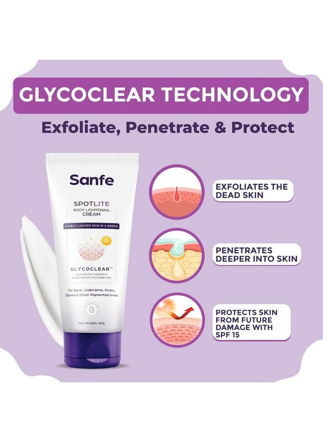 Sanfe Spotlite Body Cream For Dark Neck, Joints And Skinfolds | Enriched With 3% Glyoclic Acid, Alpha Arbutin & Spf 30 | For Dark Patches, Detanning, Anti Aging And Skin Tightening | Helps In Exfoliation, Lightening & 24 Hr Long Moisture - 60Gm | For Indian Skin  - Image 5