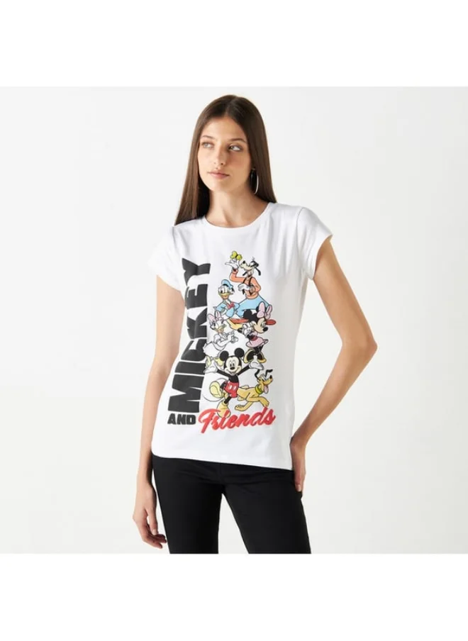 SP Characters Mickey Mouse Print T-shirt with Cap Sleeves and Crew Neck